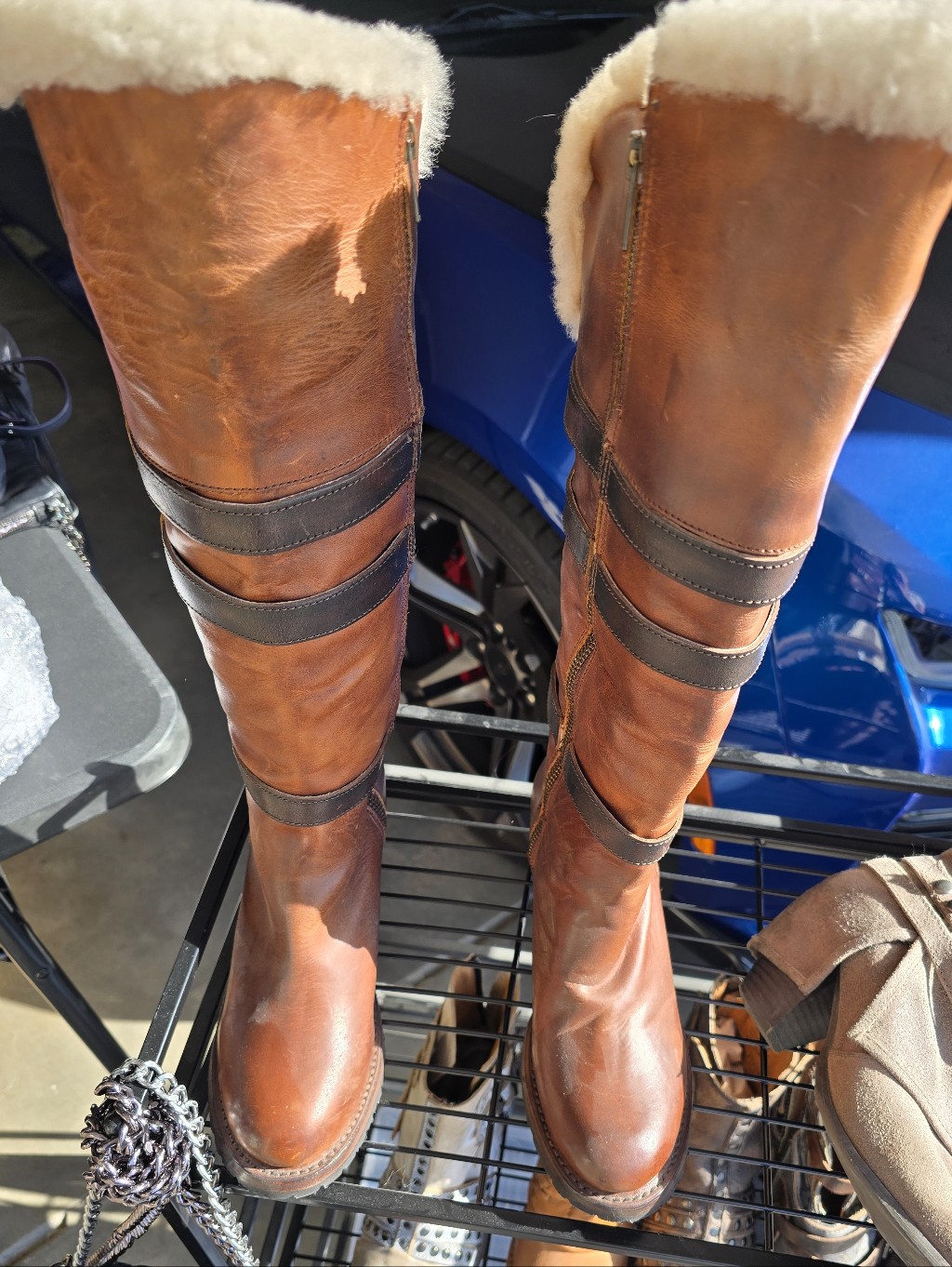Freebird By Steven "North" Brown Leather Shearling-Trim Knee Boots